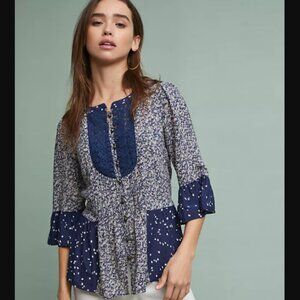 Anthropologie 💙 Hiver Floral Print Blouse in Navy Blue By Maeve